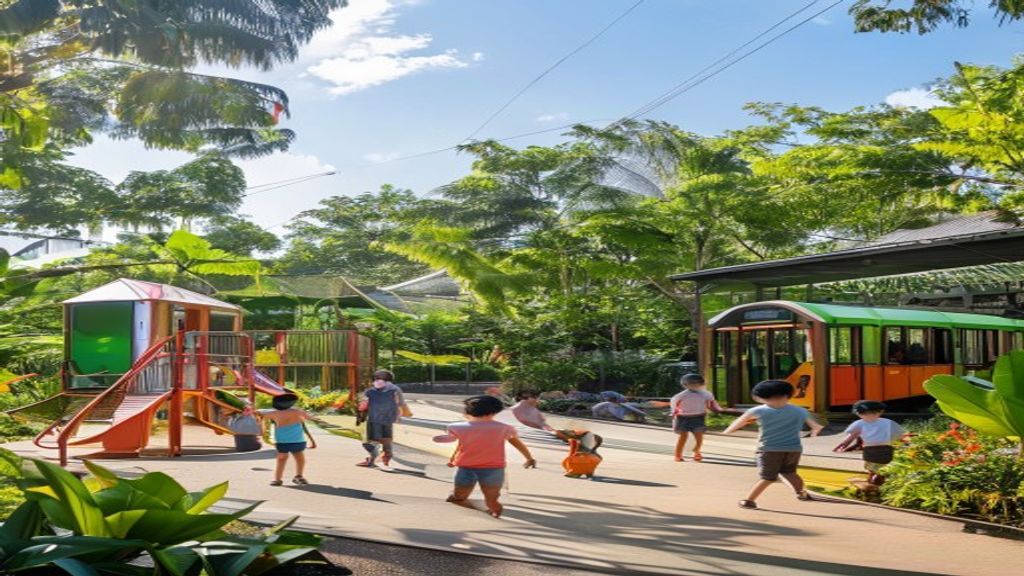 Pemandangan taman Grand Wisata Bekasi dengan kolam, taman hijau, dan arena bermain yang ramai.