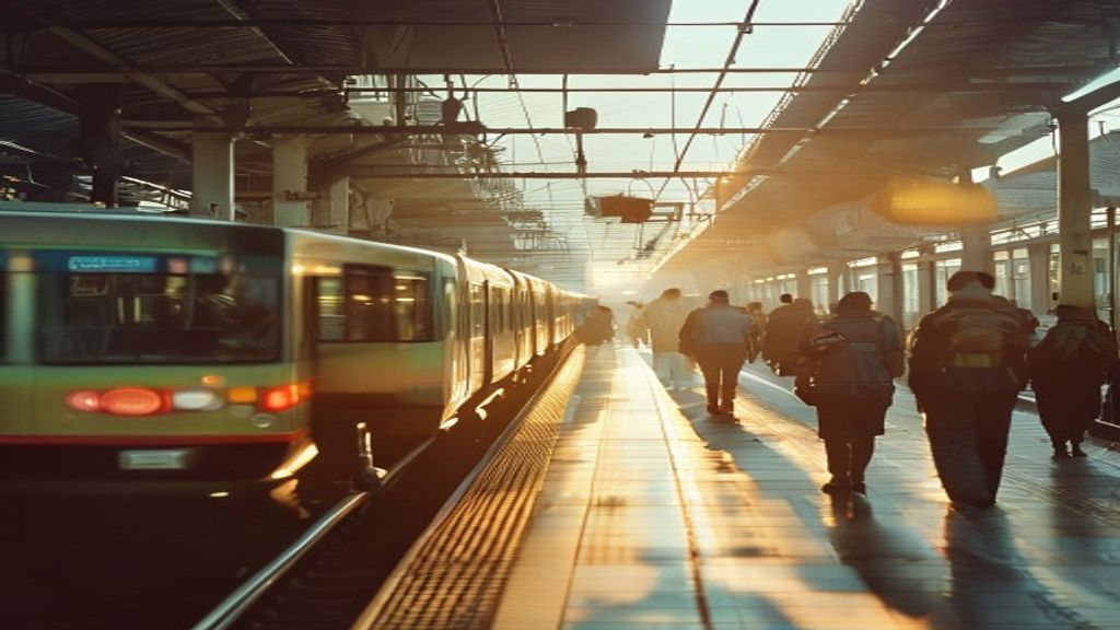 Foto stasiun Bekasi dengan peron penuh penumpang, menampilkan arsitektur modern dan kereta yang sedang datang.