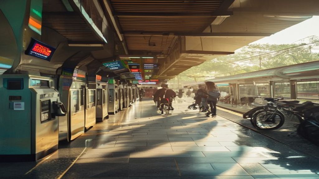 Foto tampak depan Stasiun Bekasi Timur dengan jalur kereta dan penumpang menunggu di platform.