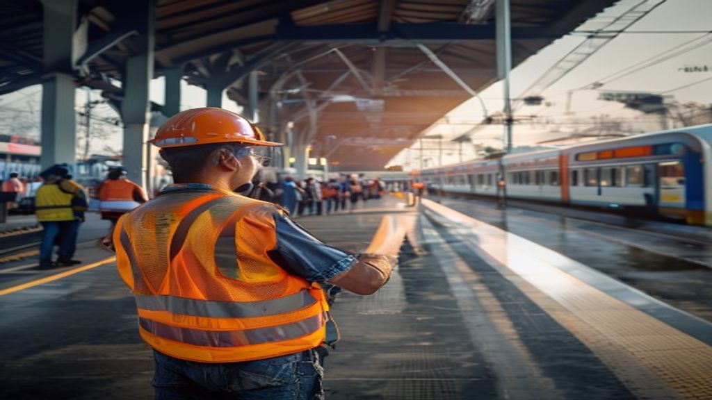 Stasiun Bekasi Timur: Pusat Mobilitas dan Tantangan Pengembangan 2 Foto tampak depan Stasiun Bekasi Timur dengan kereta yang sedang tiba, menampilkan arsitektur modern dan penumpang