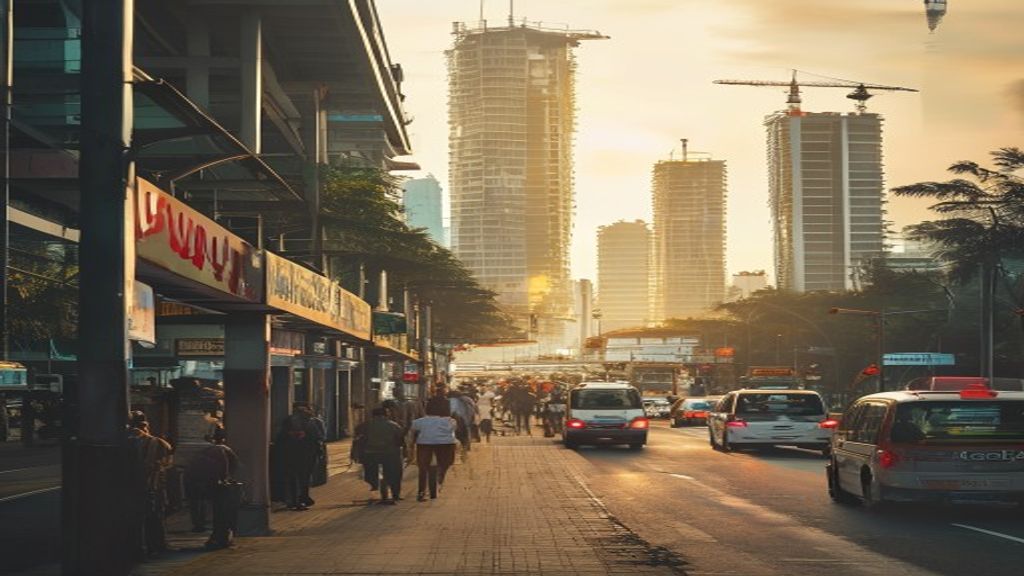 xxi Summarecon Bekasi: Dampak Pembangunan pada Properti dan Mobilitas 2 Pemandangan modern kawasan XXI Summarecon Bekasi dengan gedung perkantoran dan trotoar hijau.